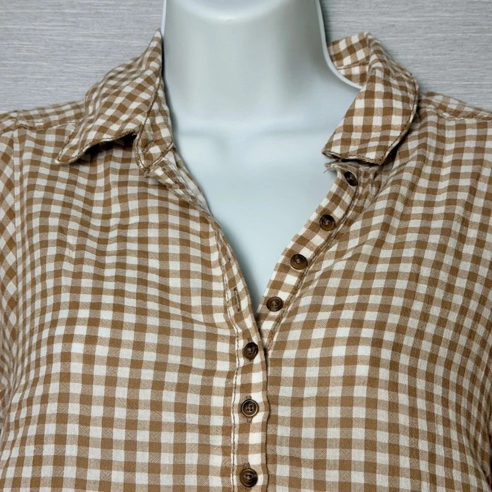 Anthropologie Tan Gingham Cotton Puff Sleeve Henley Top Boho Blouse small